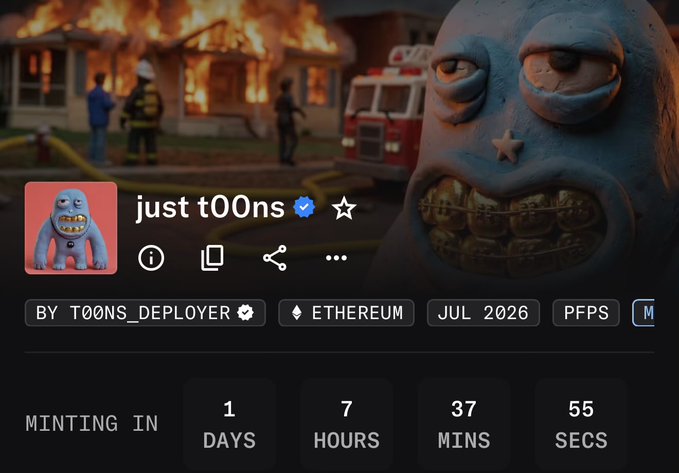 The image shows a minting countdown page for a PFP NFT collection called "just t0ons" by T00NS_DEPLOYER on Ethereum, featuring a grotesque blue cartoonish character with gold teeth as the avatar, set against a backdrop of a house fire with a fire truck. The caption "Big T0ons Energy: Laughs, Lemons & Layer-1 Lore" ties into the post's praise for how the project revives the irreverent, absurdist humor of classic NFT Twitter culture.