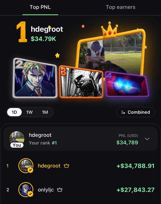 Screenshot of a 'Top earners' or 'Top PNL' leaderboard ranking showing user 'hdegroot' in #1 position with $34,789 earnings.