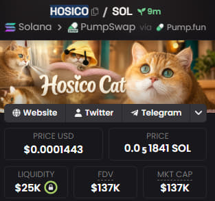 A mobile screenshot of the 'HOSICO' cryptocurrency token on Solana, displaying links to PumpSwap and Pump.fun, alongside stats including a price of $0.0001443 USD, $25K liquidity, and a $137K market cap.