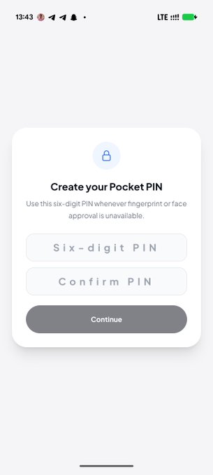 The image displays a "Create your Pocket PIN" screen prompting the user to enter and confirm a six-digit PIN for use when fingerprint or face approval is unavailable, with a "Continue" button below. The interface relates to the post by illustrating the PIN setup step in Pocket by Hash Pay's biometric payment system linked to a Circle reserve wallet.