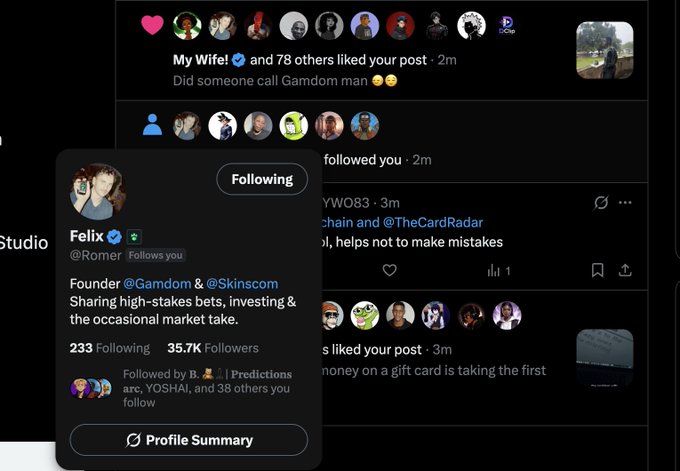 The image shows an Instagram notification popup displaying Felix (@Romer), the founder of @Gamdom and @Skinscom, who has begun following the user—directly illustrating the post's claim that "Gamdom Man just got followed by the founder of @Gamdom." The profile card shows Felix has 35.7K followers and is "Followed by B. Predictions, YOSHAI, and 38 others you follow," reinforcing the significance of the follow notification.