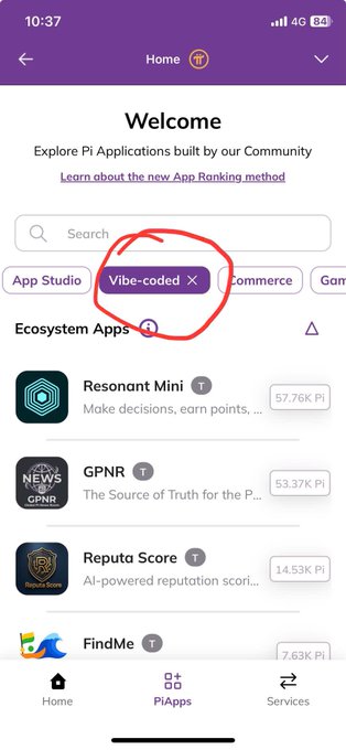 The image shows a phone screen displaying an app store page with several apps, including one named "Vibe-Coded" that has already joined the Pi Network ecosystem. The app's status bar indicates that it was launched around 470 external Vibe-coded DApps and is now part of the network. This highlights the popularity and interest in this particular app among users who have chosen to join the Pi Network for a shared experience or community.