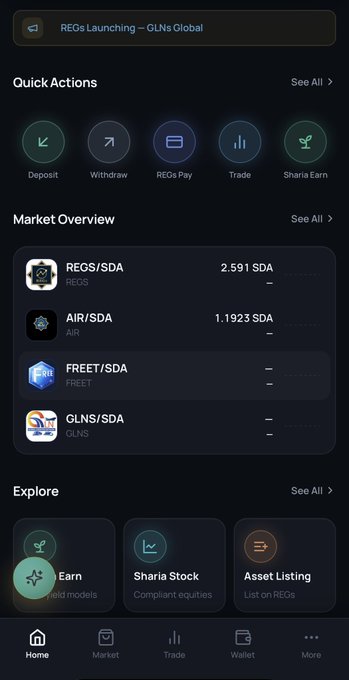 A mobile app screenshot showing a "Quick Actions" menu with Deposit, Withdraw, REG$ Pay, Trade, and Sharia Earn options, alongside a "Market Overview" displaying live pricing for REGS/SDA at 2.591 SDA and AIR/SDA at 1.1923 SDA, with a banner announcing "REGs Launching – GLNs Global"—directly illustrating the post's announcement that REGS/SDA and AIR/SDA trading pairs are now live with real-time pricing on REGs Exchange.