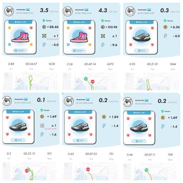 A dashboard displaying multiple fitness activity cards, each showing stats like pace, time, distance, and XP gained, with various workout icons and performance metrics.