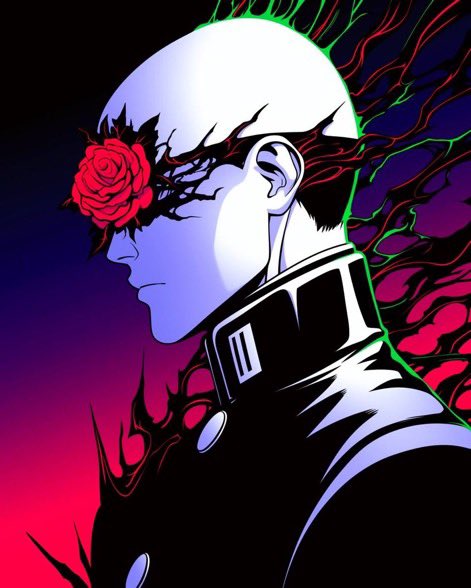 A stylized anime-style portrait of a bald character in a dark military-style uniform with a red rose covering his left eye, featuring dramatic red and green energy effects emanating from the background.