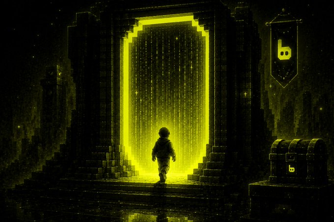 A small figure walks toward a glowing yellow pixel-art portal in a dark chamber, beside a treasure chest and banner both marked with the "b" BAPP logo. The portal imagery evokes the "burn 200K $BAPP tokens to claim your stock dividend" message, framing the token claim as passing through a mystical gateway to real-world assets (NVDA, GOOGL, AAPL, SPCX).