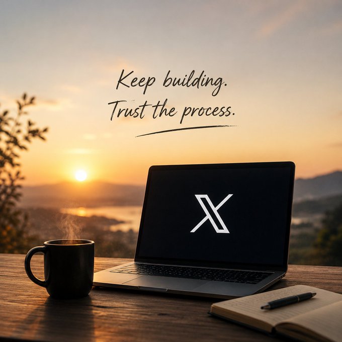 A laptop displaying the X (formerly Twitter) logo sits on a wooden desk with a coffee mug and notebook, set against a sunset landscape with the motivational text 'Keep building. Trust the process.'