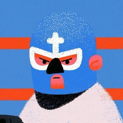 A stylized illustration depicts a blue masked luchador with a white cross on his forehead, glaring intensely against a blue and orange striped background.