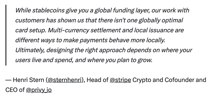 A text quote attributed to Henri Stern (@sternhenri), Head of Stripe Crypto and Cofounder/CEO of Privy.io, discussing stablecoins, multi-currency settlement, and local issuance for global payments.