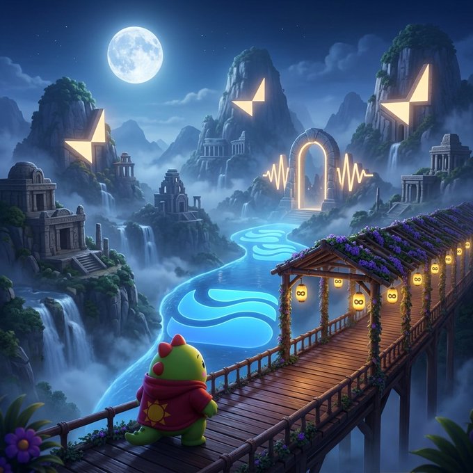 A digital illustration of a green cartoon dinosaur in a red hoodie standing on a wooden bridge overlooking a mystical moonlit landscape with ancient ruins and Ethereum logos floating in the sky.