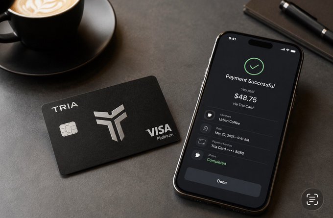 The image features a smartphone displaying an app from Tria, which is designed for Bitcoin users. The app offers a range of rewards, such as points or cashback when connecting purchases with Bitcoins to Tria cards. This innovative approach not only helps users manage their transactions but also provides financial benefits through the use of cryptocurrencies. The photo also shows a black Visa card sitting next to an iPhone on a table, and there is a cup of coffee nearby.