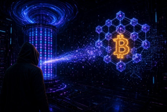 A hooded figure faces a glowing golden Bitcoin symbol surrounded by a hexagonal network of purple nodes, with a blue cylindrical light structure to the left.
