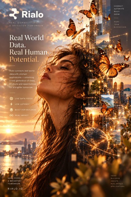 A promotional poster for "Rialo" featuring a woman with butterflies emerging from her face, with text reading 'Real World Data. Real Human Potential.' alongside taglines like 'LIVE DATA FEEDS' and 'LOW LATENCY.'