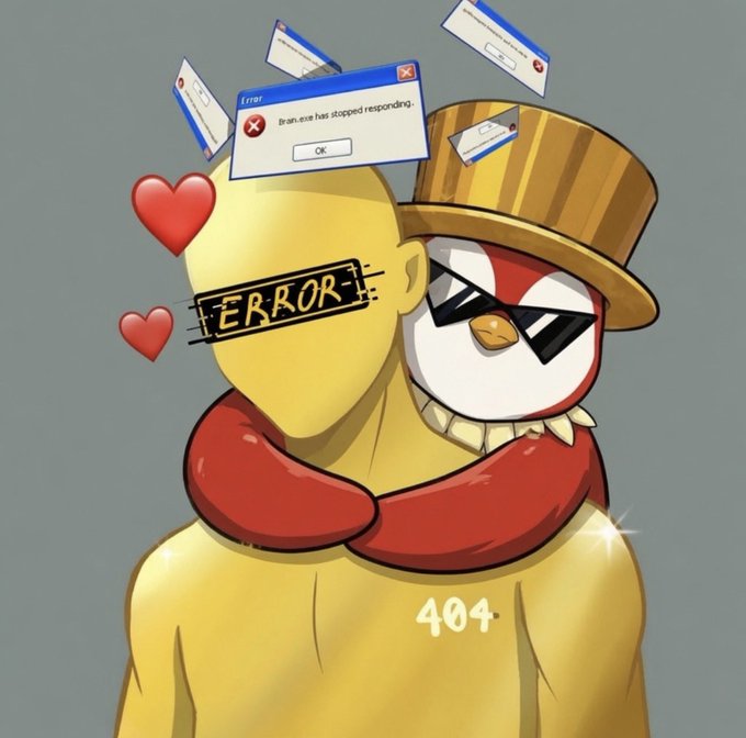 A yellow featureless character with a "404" on its chest embraces a cool sunglasses-wearing penguin in a top hat, with "ERROR" displayed across its face and floating Windows-style error pop-ups reading "Error: Brain.exe has stopped responding" above them. The artwork cleverly matches the post by supporting @404s_ethereum, with the character's "404" branding directly tying into the creator's username and the playful "error/malfunction" theme symbolizing the lighthearted chaos of cooking for subscribers.