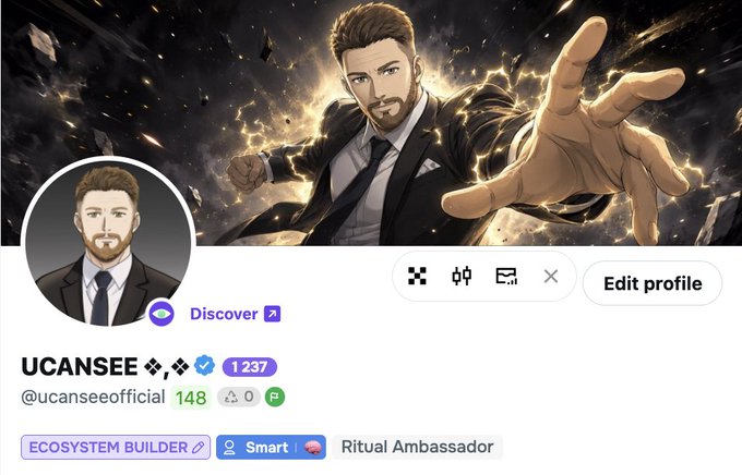 A social media profile page for 'UCANSEE' (@ucanseeofficial) with 1,237 followers and 148 posts, featuring an anime-style banner of a man reaching forward amidst golden energy and a label reading 'ECOSYSTEM BUILDER'.