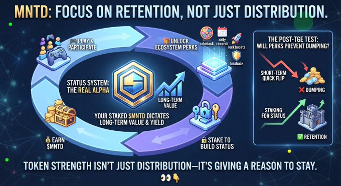 A promotional infographic titled 'MNTD: FOCUS ON RETENTION, NOT JUST DISTRIBUTION,' outlining a status system, staking benefits, and noting that token strength is about retention, not just distribution.