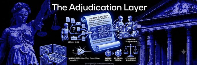 An infographic titled "The Adjudication Layer" featuring Lady Justice, classical columns, and various data icons like sensor logs and consent frameworks.