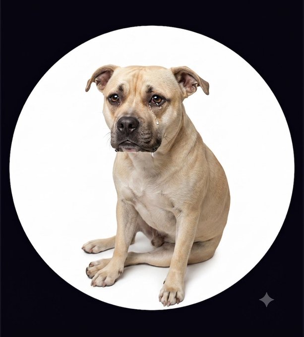 A tan and white pit bull-type dog sits looking forward against a white circular background with a small Gemini sparkle logo in the corner.