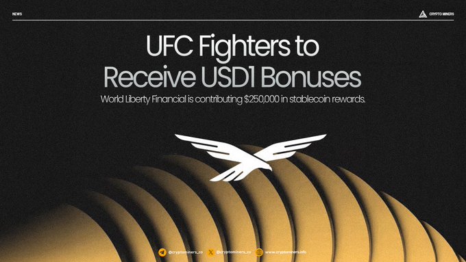 The image features a poster that encourages people to invest in UFC fighter bonuses using USDC. The poster has a white bird flying above a black background, with the words "UFC Fighters to receive USDI bonuses" written at the top of the poster. Below this text, there are bullet points explaining how investing in the fighter rewards can be as simple as depositing USDC into an existing UFC account and receiving USDI payments directly from the fund's administration without the need for USDC trading or exchanging it between different exchanges. Additionally, a white bird flying above the black background with "World Liberty Financial to fund UFC bonuses" written below adds visual interest to the poster while reinforcing its connection to the UFC fighter rewards program.