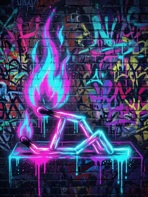 A vibrant neon-lit mural on a graffiti-covered brick wall depicts two broken matchsticks, one tipped with pink and blue flames, evoking the "last strike" theme—a final extinguished match symbolizing the end of a spark or burning out. The dripping paint and dark urban backdrop reinforce a melancholic, rebellious tone of culmination and finality.