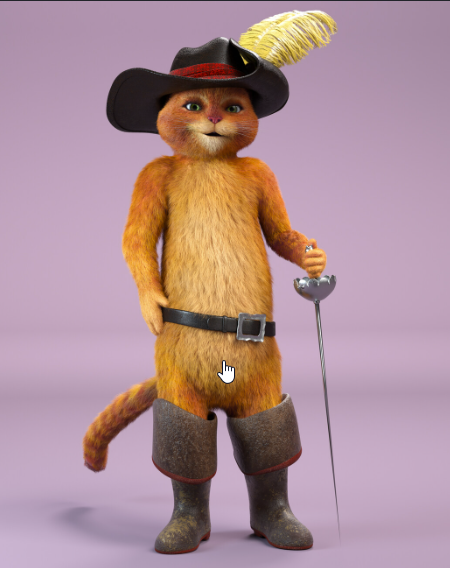 A 3D-rendered anthropomorphic orange cat, known as Puss in Boots, stands confidently wearing a black cavalier hat with a yellow feather, a belt, and tall brown boots while holding a rapier sword.