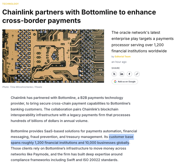 A news article titled 'Chainlink partners with Bottomline to enhance cross-border payments,' highlighting Bottomline's customer base spanning roughly 1,200 financial institutions and 10,000 businesses globally.