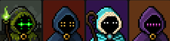A row of four pixel-art hooded mage/wizard characters in green, blue, white, and purple, with glowing eyes and staffs.