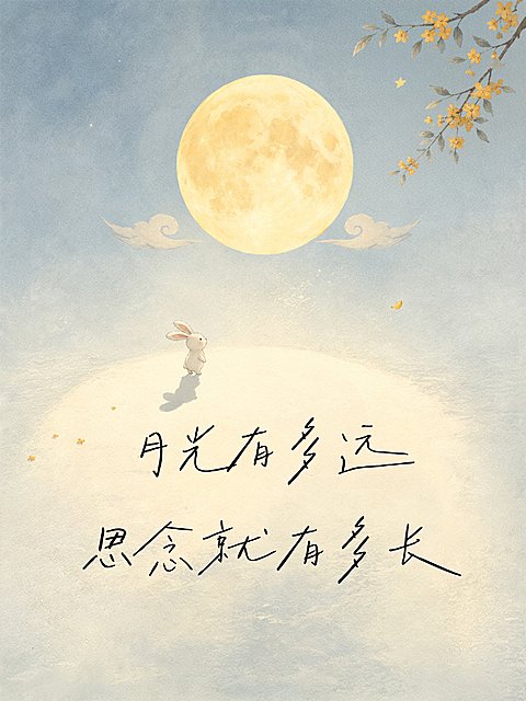An illustration of a full moon, a small white rabbit, and yellow flowers in branches features Chinese calligraphy reading '月光有多远 思念就有多长' against a soft pastel background.