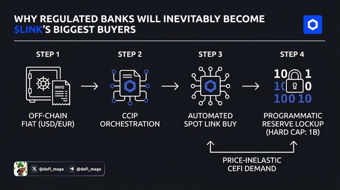 An infographic titled 'WHY REGULATED BANKS WILL INEVITABLY BECOME $LINK'S BIGGEST BUYERS' showing a four-step process from off-chain fiat to programmatic reserve lockup.