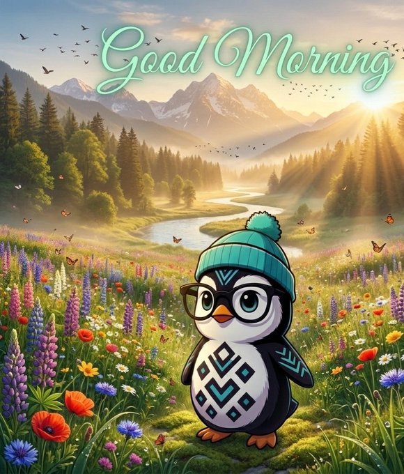 The image features a cartoon penguin standing in a field of flowers, surrounded by mountains and trees. The text "Good morning my bros Your crypto safe today but quantum ready tomorrow?" is written above the penguin's head, indicating that the post is related to cryptocurrency or blockchain technology. The post also mentions that most wallets aren't migrating, which implies that there might be a problem with the migration process for some users. Additionally, it suggests using Quip vaults as a way to protect one's assets on any chain and emphasizes the importance of staying up-to-date with the latest developments in cryptocurrency technology.
