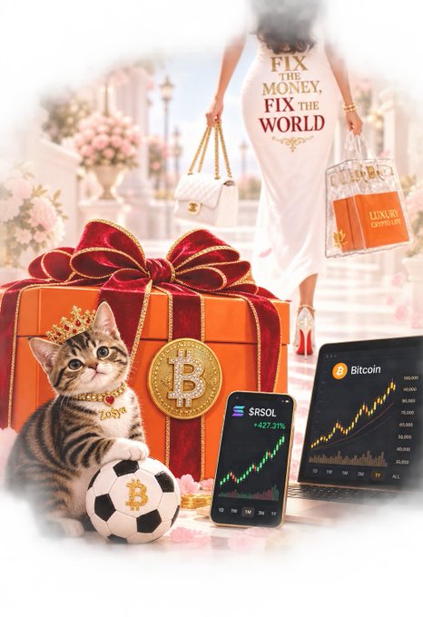 An AI-generated collage features luxury items, a cat wearing a crown labeled 'Zopp', Bitcoin logos, a $RSOL chart showing +427.31%, and text reading 'FIX THE MONEY, FIX THE WORLD' and 'LUXURY CRYPTO LIFE'.