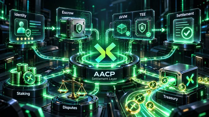 A futuristic green digital graphic depicts an "AACP Settlement Layer" system connecting modules labeled Identity, Escrow, zKVM, TEE, Settlement, Staking, Disputes, and Treasury.