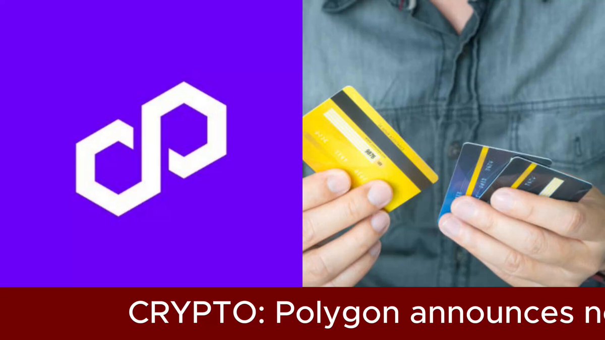 The image features a person holding two credit cards, one yellow and one blue, with the text "CRYPT:: Polygon announces n" written above them. The Polygon logo is located at the top of the image, and the phrase "Auth/Capture primitives within its Open Money Stack to bridge the gap between traditional card rails and on-chain stablecoin liquidity" is written below it. This suggests that the Polygon cryptocurrency has introduced a new feature or innovation in payment systems, aiming to improve the efficiency and accessibility of transactions for users.