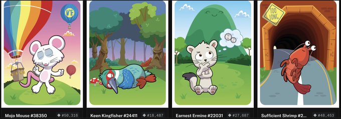 The image features four different cartoon animal illustrations, each with a unique background or setting. The animals include a mouse, a cat, a fish, and an alligator. Each illustration has its own distinct style and theme, showcasing the creativity of the artist who designed them. The post is titled "opensea.io/collection/vee" and it seems to be promoting these animal illustrations as part of a collection or series.