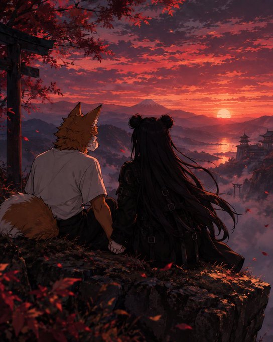 An anime-style illustration depicts a fox-eared character and a long-haired figure with twin buns sitting on a cliff, watching a vibrant red sunset over mountains and water with a torii gate visible.