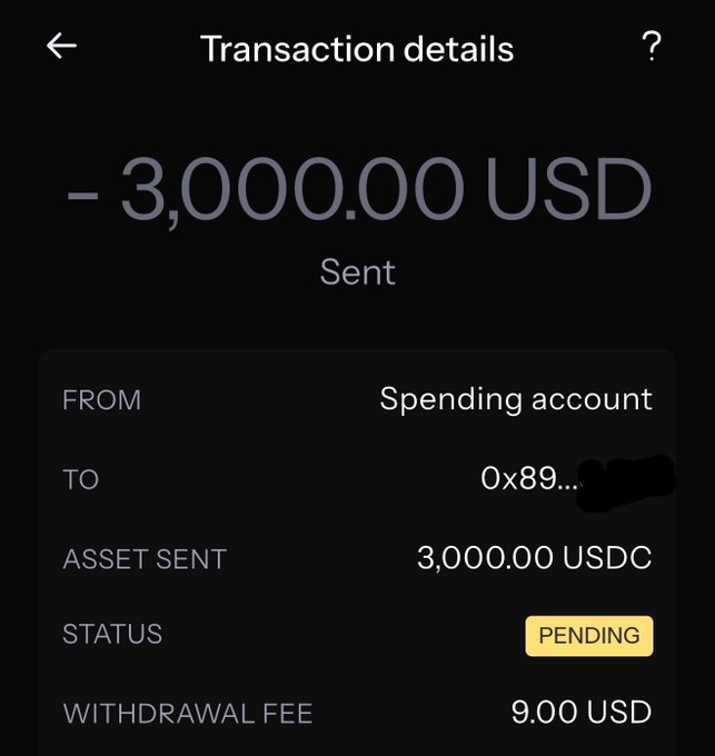 A mobile transaction details screen showing a pending withdrawal of 3,000.00 USDC (minus a 9.00 USD fee) sent from a spending account to a partially redacted 0x89 address.