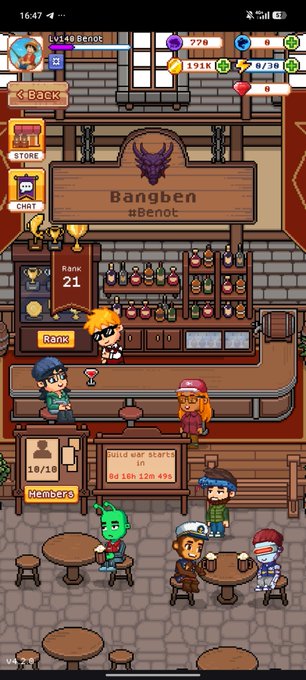 The image shows a cartoon-style scene of a bar with several people sitting at tables, engaged in conversation or enjoying their time. The bar has wooden furniture and a sign that reads "BANGEN". There are also some chairs placed around the room. A person is standing near the center of the image, possibly waiting to be seated or socializing with others.