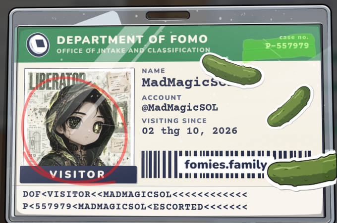 A mock 'Department of FOMO' badge showing an anime character with the name 'MadMagicSOL' visiting since '02 thg 10, 2026,' decorated with pickle stickers and linking to 'fomies.family'.