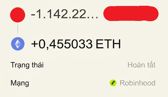 The image shows a completed transaction of -1,142.22 (amount redacted) for +0.455033 ETH on the Robinhood network, likely representing the user's early sell-off of the dog coin they mentioned in the post.