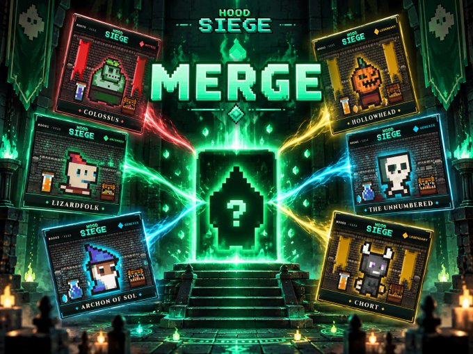 A vibrant green pixel-art style promotional graphic for "HOOD SIEGE MERGE" featuring NFT cards labeled COLOSSUS, HOLLOWHEAD, LIZARDFOLK, THE UNNUMBERED, ARCHON OF SOL, and CHORT surrounding a central glowing card.