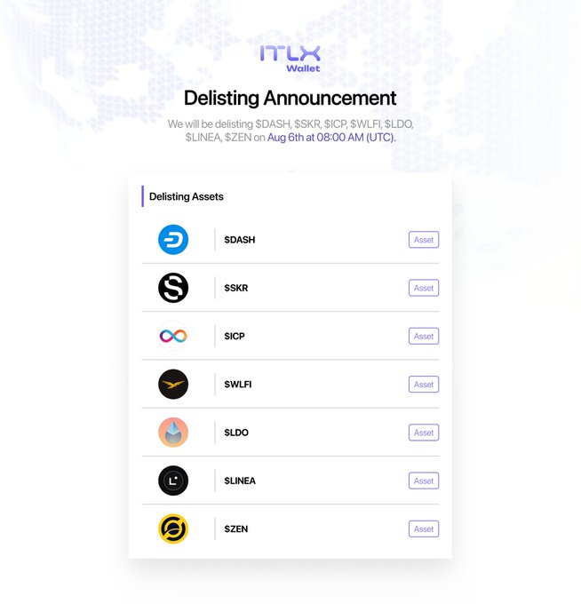 ITLX Wallet delisting announcement for $DASH, $SKR, $ICP, $WLFI, $LDO, $LINEA, and $ZEN on Aug 6th.
