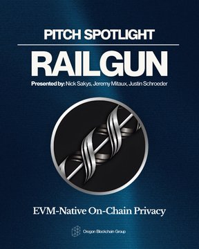 The image features an advertisement for a project called "RAILGUN" with a blue background, white text, and a black logo. The title of the pitch spotlight is "Pitch Spotlight: RAILGUN @RAILGUN_Project". The poster also includes information about the project's presenter, Nick Sakys, and its purpose to be transparent in its operations.