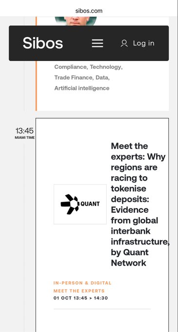 A mobile screenshot of the Sibos.com website advertising a session titled 'Meet the experts: Why regions are racing to tokenise deposits: Evidence from global interbank infrastructure, by Quant Network' on 01 OCT at 13:45 Miami Time.