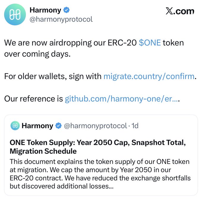 Tweet from Harmony (@harmonyprotocol) announcing an ERC-20 $ONE token airdrop, with a reference to github.com/harmony-one and details about "ONE Token Supply: Year 2050 Cap, Snapshot Total, Migration Schedule".