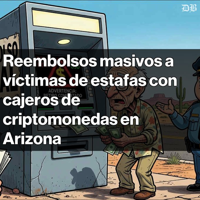 A cartoon-style news graphic in Spanish reading 'Reembolsos masivos a víctimas de estafas con cajeros de criptomonedas en Arizona,' showing an elderly man holding cash near an ATM while a police officer approaches.