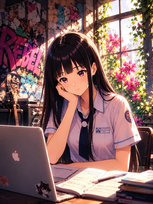 An anime-style illustration of a girl with long dark hair wearing a school uniform, resting her chin on her hand while sitting at a desk with an Apple laptop and open notebooks, in a room with graffiti walls and pink flowers by the window.