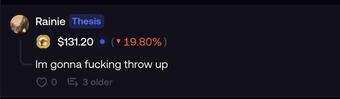A Discord message from user "Rainie" shows a crypto wallet balance of $131.20, down 19.80%, with the frustrated comment "Im gonna fucking throw up"—illustrating the "maybe retail isn't ready for crypto" caption by capturing an investor's visceral reaction to their losses.