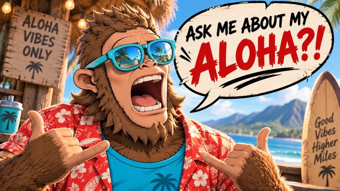 A cartoon illustration of a bearded character in sunglasses and a red floral shirt excitedly shouting "ASK ME ABOUT MY ALOHA?!" with wooden signs reading "ALOHA VIBES ONLY" and "GOOD VIBES HIGHER MILES".