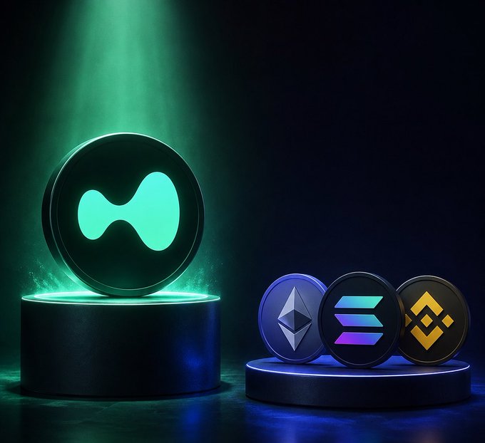 The image features a collection of four cryptocurrency coins, each with different colors and logos, placed on platforms against a black background. The coins include Bitcoin, Ethereum, Solana, and Binance Coin. The text "Hyperliquid isn't competing with other protocols anymore. It's out-earning entire blockchains." is present in the image, which suggests that Hyper Liquid has become a dominant player in the cryptocurrency market.