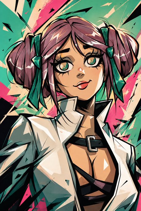 An anime-style digital illustration shows a woman with pink pigtails and green eyes, wearing a white jacket over a black top against a shattered pink and green background.